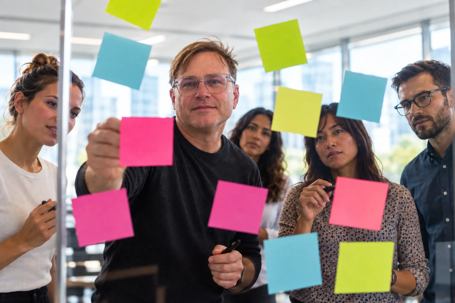 Brock Dubbels placing a sticky note on a glass wall while colleagues cluster notes around him