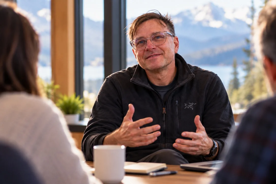 Brock Dubbels talking with colleagues around a table, gesturing as he explains, with mountains and a lake visible through the windows