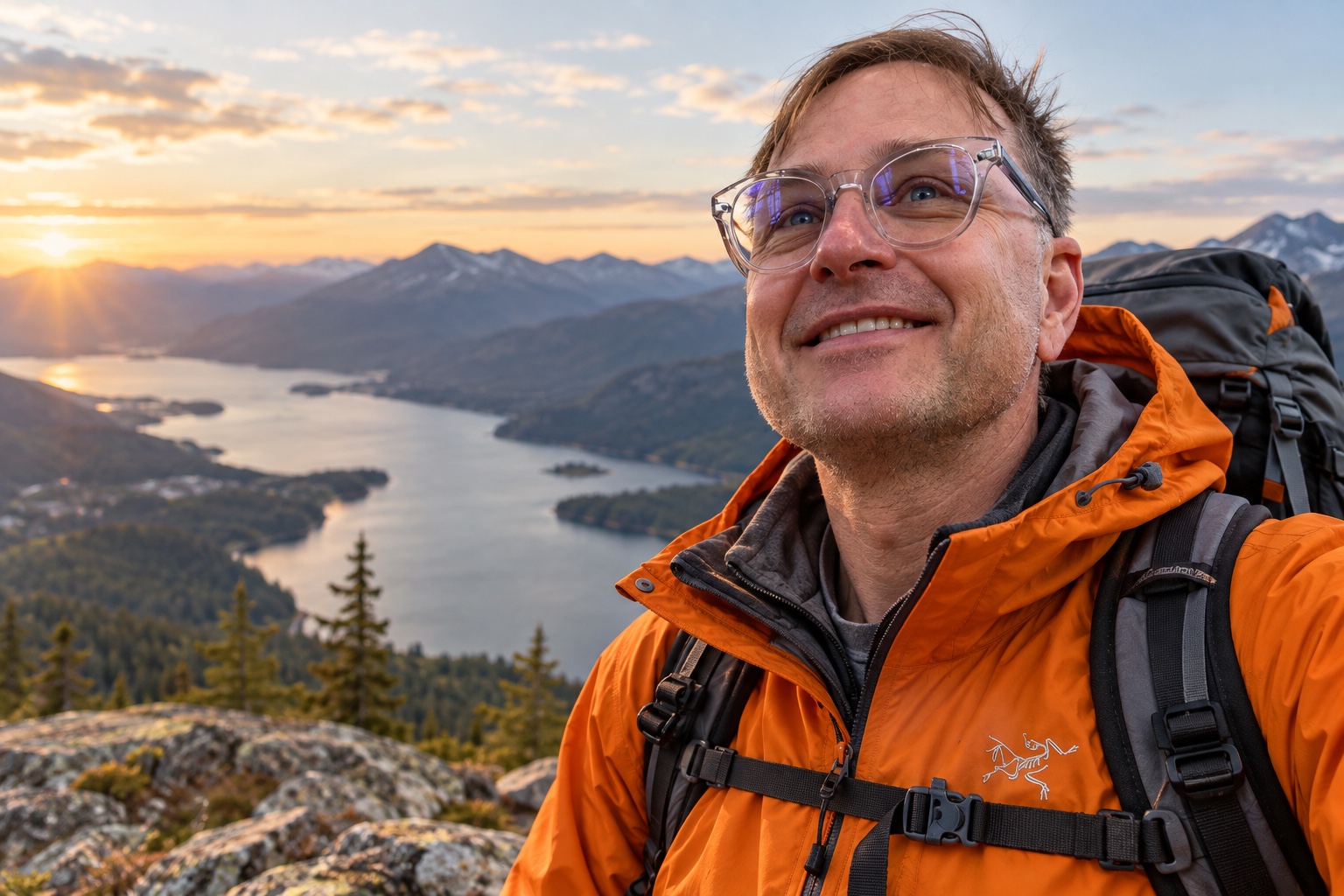 Brock Dubbels smiling on a rocky summit in an orange jacket and backpack, with mountains and a lake at sunset behind him